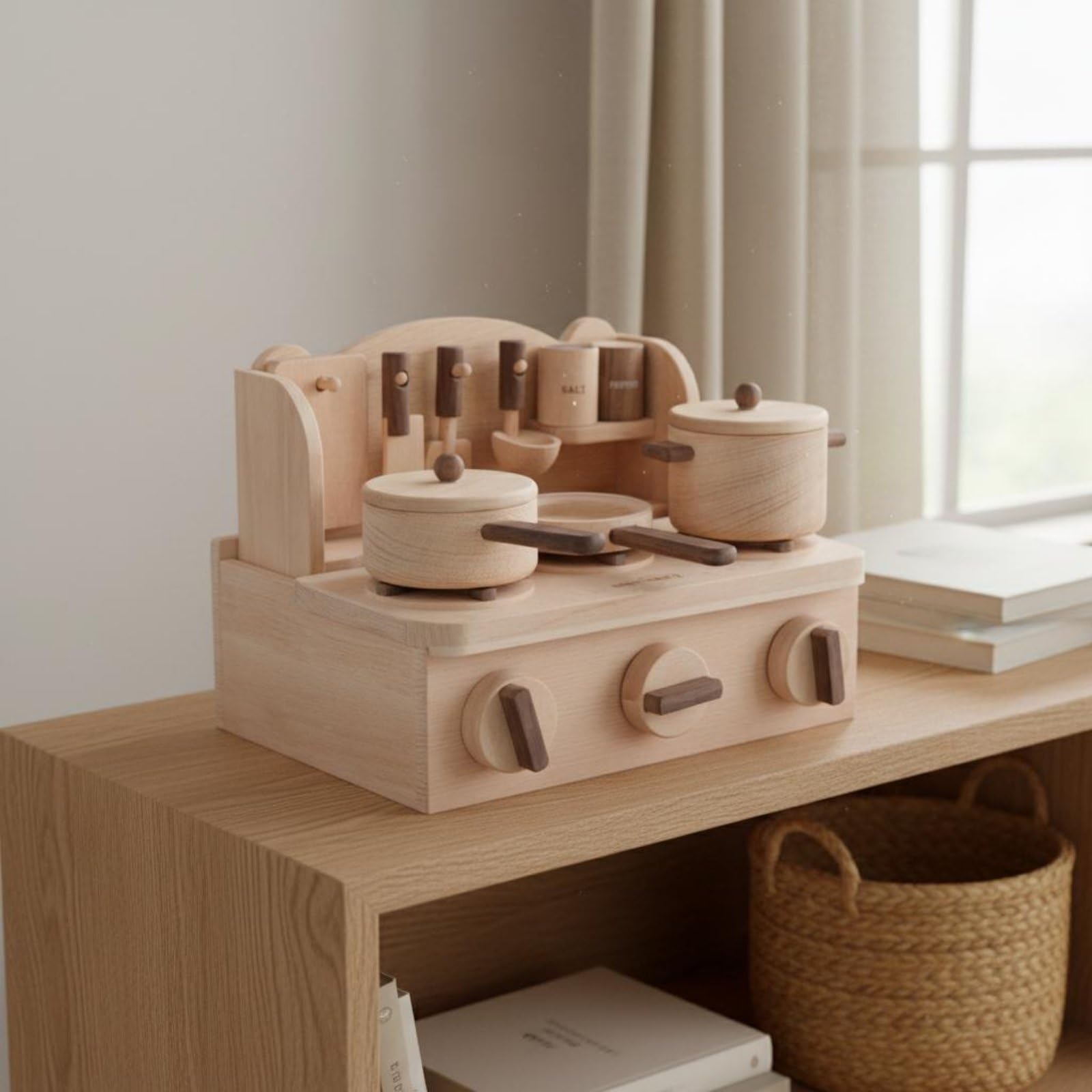 Cucina Giocattolo in Legno per Bambini Cucina Finta Mini Cucina Piano Cottura Pentole Utensili Barattoli Spezie Aspetto Classico in Legno Adatta per Gioco Creativo Casa Centro Infanzia Regali
