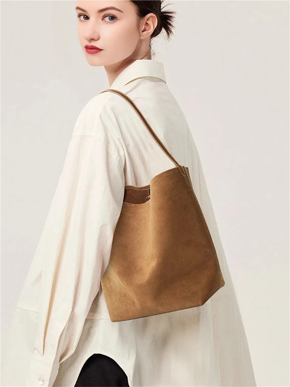 Borsa a tracolla da pendolare in pelle scamosciata donna a secchiello in di grande capacità(Caramel,34-16-24cm)