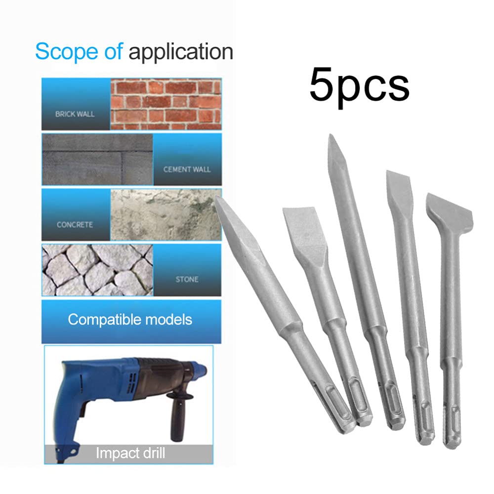 5 piezas brocas de martillo eléctrico cincel brocas de martillo rotativo herramientas de perforación de hormigón de pared cinceles planos de ranura de punto, como se muestra