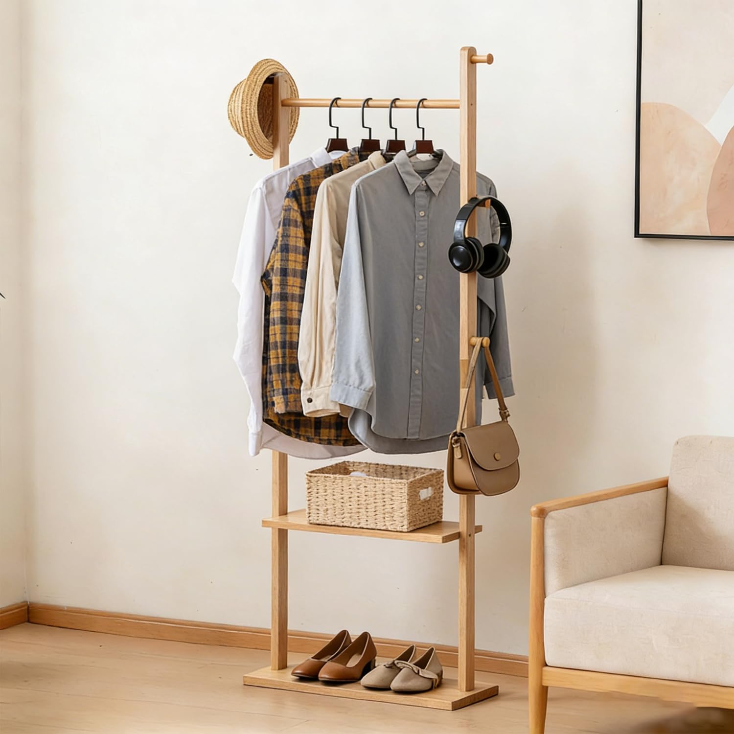 latifolia Clothes rack, Solid Wood Clothing Rack Witch Hooks and Shelves, 23.6 inch Garment rack With Storaege for Living Room, Nature