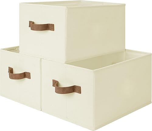 StorageWorks - Cestas de almacenamiento para estantes, contenedores plegables de almacenamiento de tela para armario con asas de poliuretano, Blanco