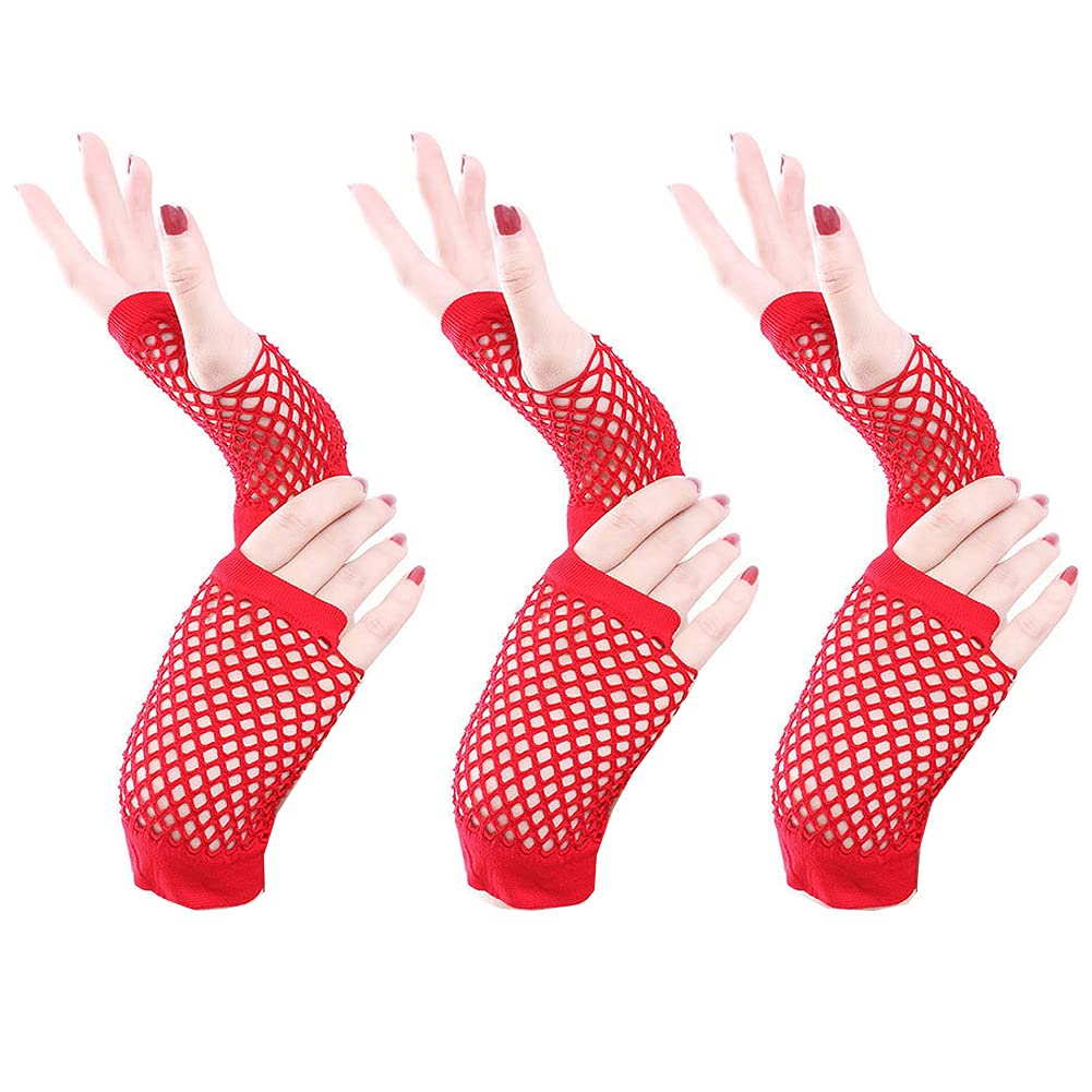 3 Pairs Short Fishnet Gloves Fingerless Fishnet Gloves for Women Girls 80s Costume Accessory Party Supplies (Red)