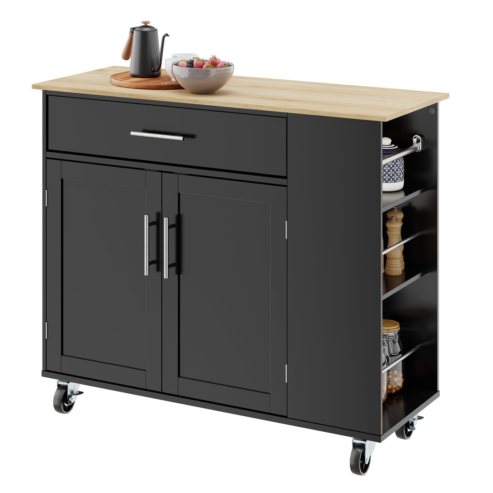 SoBuy Mueble Auxiliar de Cocina con Ruedas y 3 estantes 99x40x84,3 cm | Isla cocina con gran encimera de madera, 75 kg de carga, cajón y armario de 2 puertas, MDF/PB, para cocina, FKW133-SCH