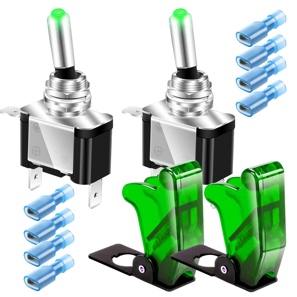 Guuzi 2pcs Toggle Switches with LED Light Cover, Rocker Toggle Switch with Green LED Illuminated Cover, 3 Pin Automatic Switch SPST (20A 12V-24V DC)