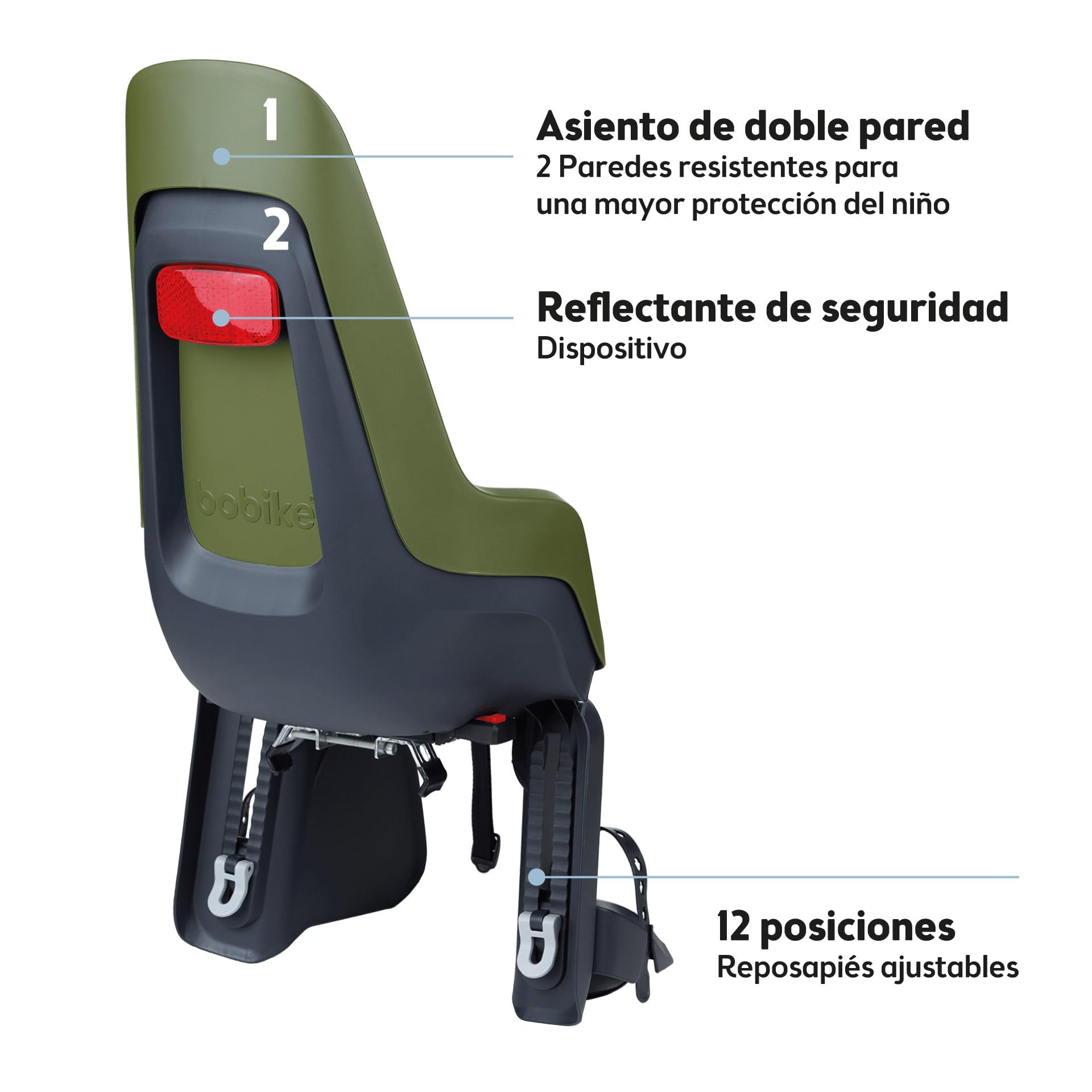 BOBIKE 8012100021 - Silla Bicicleta Trasera One Maxi EB-D para Portaequipajes – Segura y fácil de Montar, Adecuada para niños de 9 Meses a 6 años, hasta 22 kg, Verde Oliva
