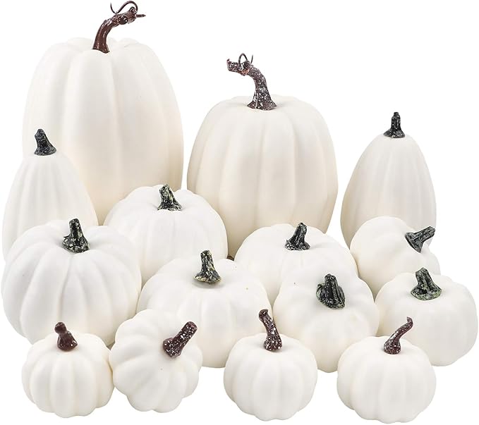 FUNARTY 16pcs White Pumpkins Thanksgiving Decorations Artificial Pumpkins Set Fall