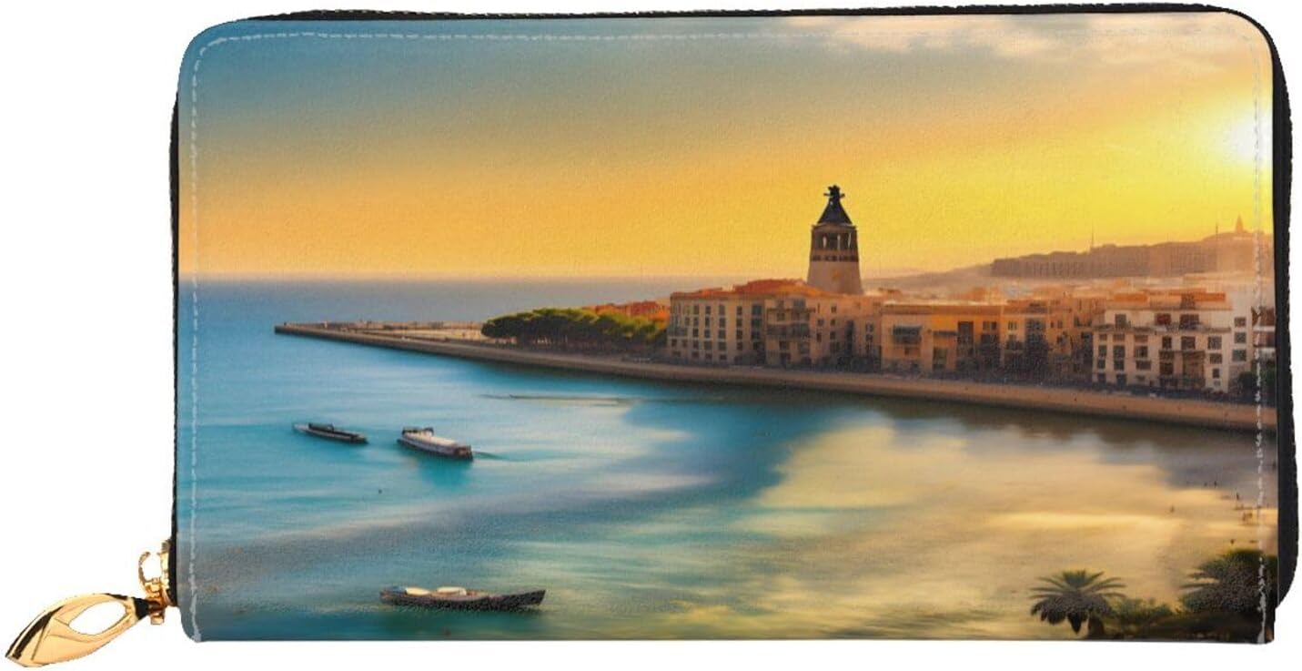 Sunset in Barcelona Long Zip Around Wallet for Women, Large Capacity RFID Leather Wristlet Wallet with 12 Card Slots Coin Purse, Fashion Clutch Purse with Wrist Strap