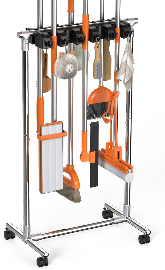 No-Drill Broom Holder Laundry Room Organization, Movable Cleaning Supplies Organizer, Cleaning Cart with 10 Racks and 12 Hooks, Broom and Mop Holder for Kitchen Laundry Garden Garage