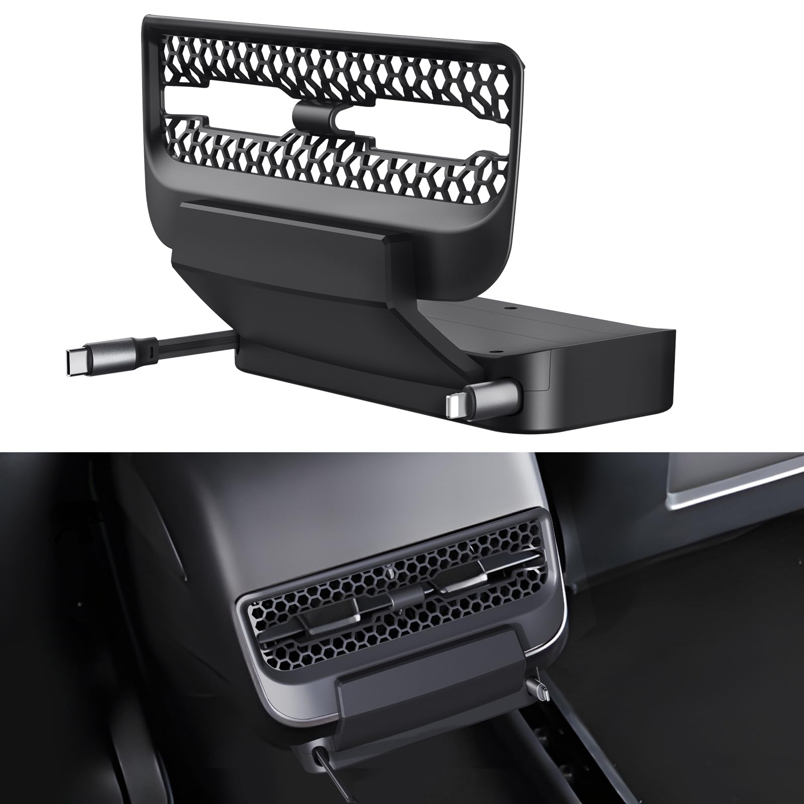 Photo 1 of Retractable Cord Car Phone Charger for Tesla Model 3 Model Y 2021 2022 2023 2024, THELIFELICIOUS Interior Accessories Rear Air Outlet Expansion Dock with Fast Charging Cables (8-Pin)