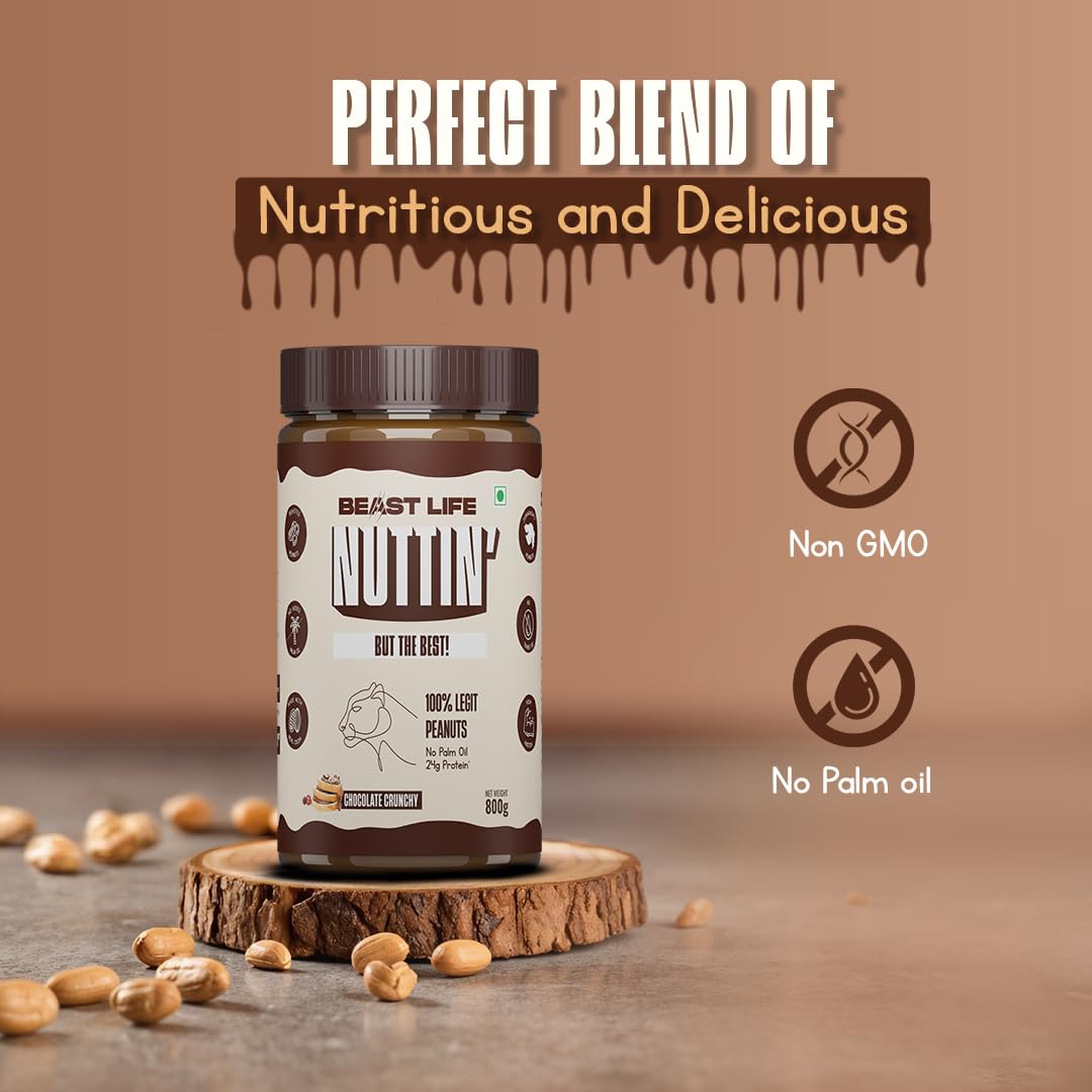 BeastLife Crunchy Chocolate Peanut Butter | 24.5 G Protein | 800 gm | 100% Peanuts, High Protein | Zero Palm Oil | Non‑GMO Nut Butter | Fitness-Friendly Spread | Zero Cholesterol 3