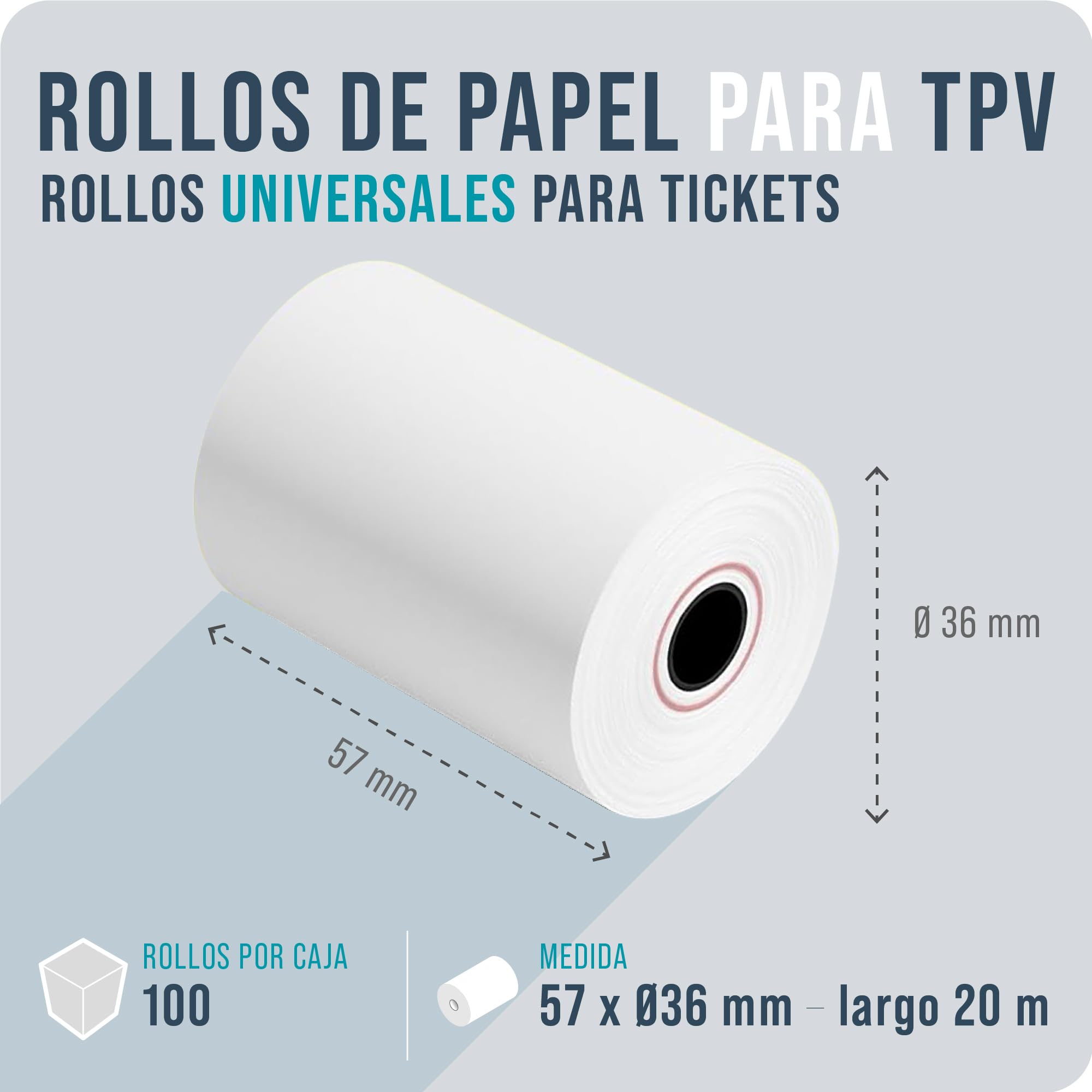 100 Rollos Térmicos TPV 57x36 mm | 20 m | Papel Térmico para TPV, Caja Registradora, Impresoras de Tickets – Compatible con Nexi, SumUp, Ingenico, Verifone, Olivetti, Smart POS