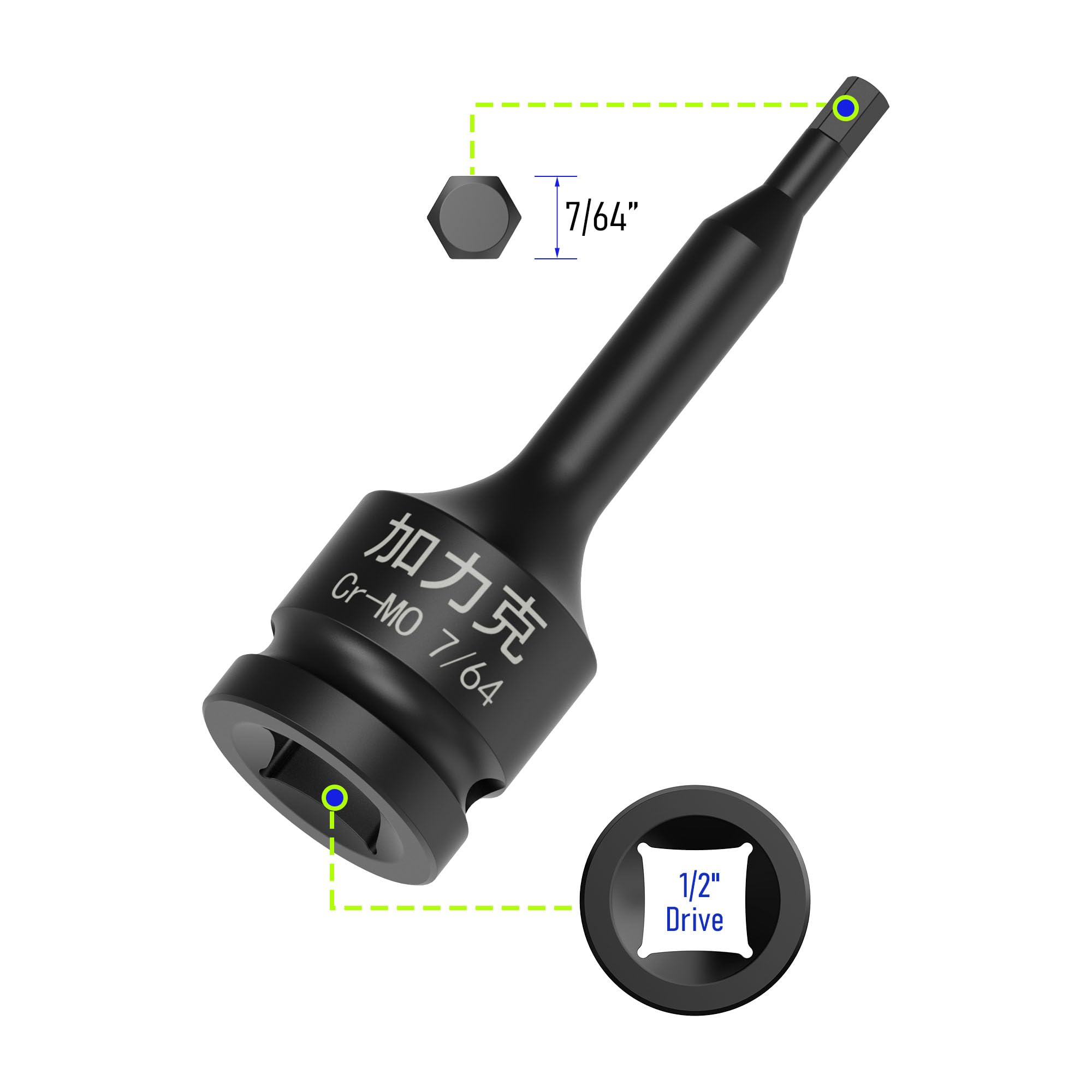 FOCMKEAS 1/2" Square Drive 7/64" Impact Hex Bit Socket, 78mm(3.07") Length, Hex Driver, Impact Grade, One-Piece Construction - Image 2