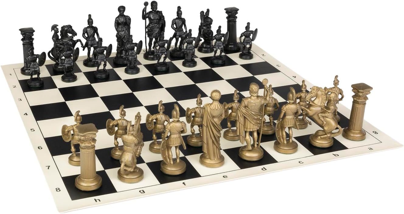Roman Chess Set - Vinyl Chess Board Black/White- Size 17,3" + Roman Chess Pieces 3,75" Black/Gold
