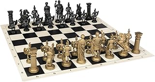 Roman Chess Set - Vinyl Chess Board Black/White- Size 17,3" + Roman Chess Pieces 3,75" Black/Gold