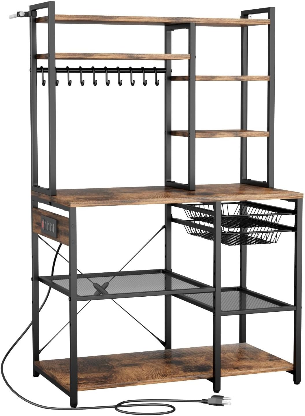 Kitchen Bakers Rack with Power Outlets, 35.4x15.7x70.9 Inch Microwave Stand with Built-in Power Strip & 5 Ft Cord, 10 S-Shaped Hooks, for Dish Storage, Spice Jars, Coffee Bar Organization