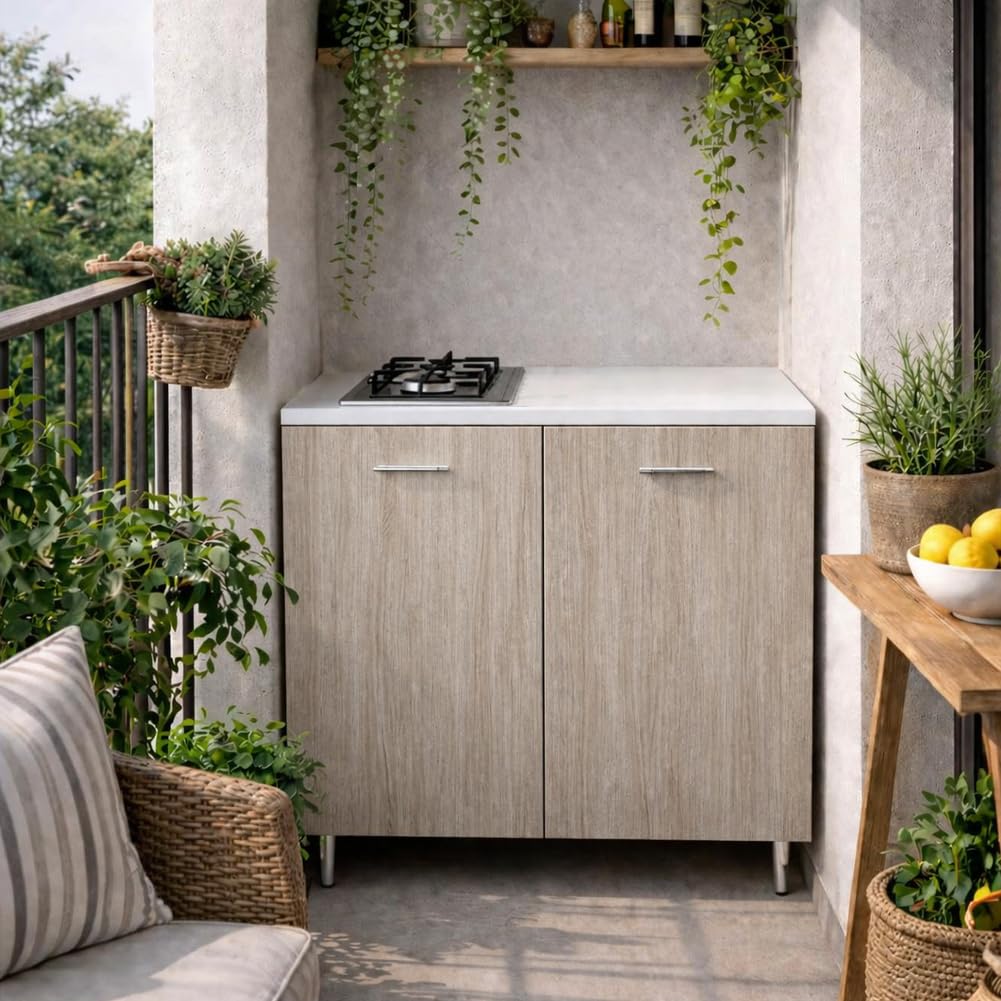 Shally Dogan Mueble base de cocina 2 puertas 80 x 60 x 85 cm con placa de cocción a gas 2 fuegos, placas de hierro fundido resistentes, montaje con patas fijas o ruedas, kit completo monobloque (Olmo)