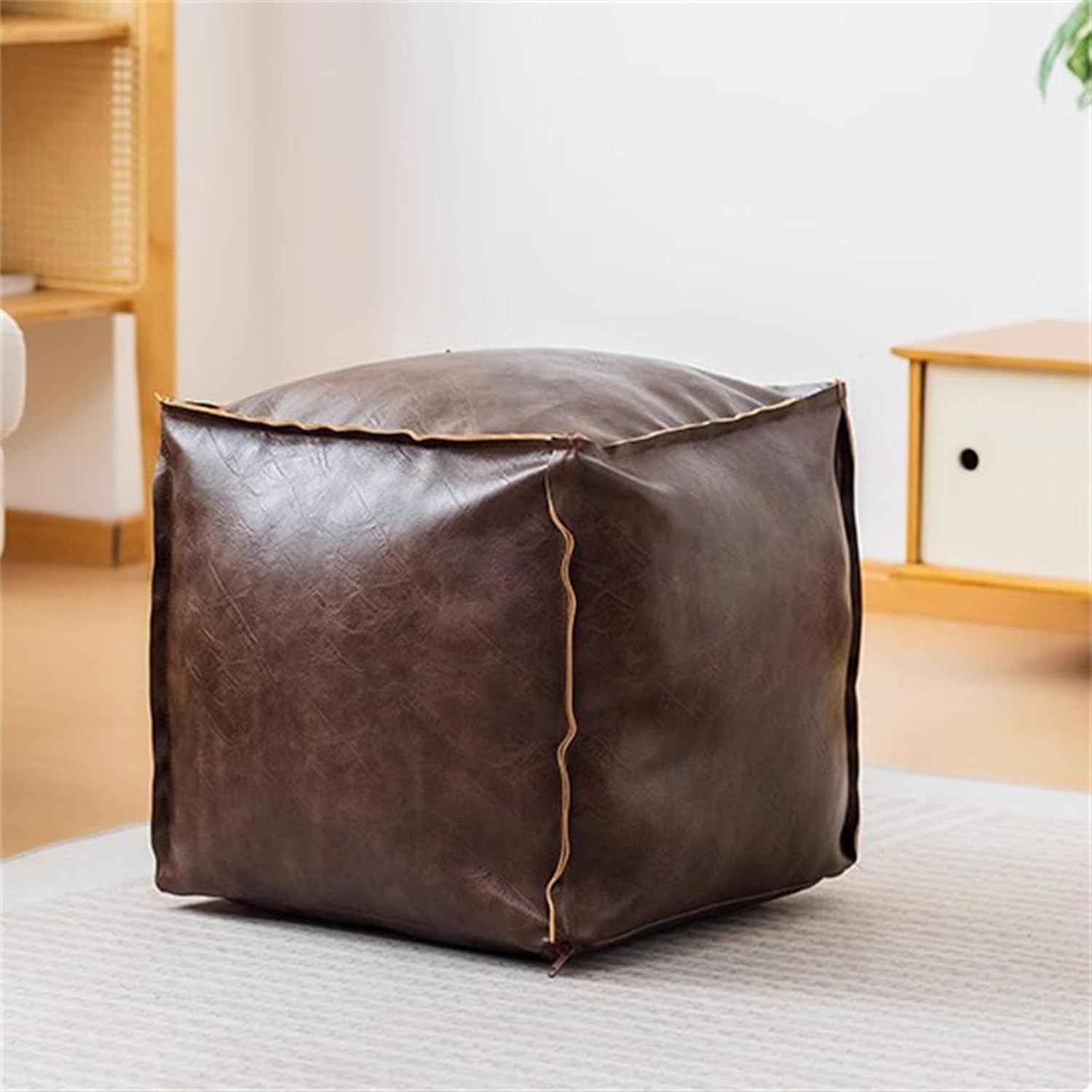 Square Pouf Ottoman Cover,No Filler Waterproof PU Foot Stool, Cube Bean Bag Ottoman, Foot Rest Can Be Filled with Used Clothes,Plush Toy for Storage for Living Room (No Filler Coffee)