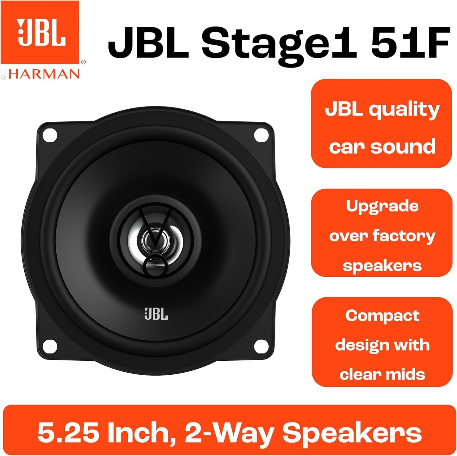 JBL Stage1 51F Altoparlante Auto 5.25" 2 Vie Coassiale 30W RMS 150W Peak 4 Ohm 90dB woofer polipropilene tweeter mylar 75Hz–20kHz per audio chiaro ed equilibrato nel veicolo con prestazioni stabili