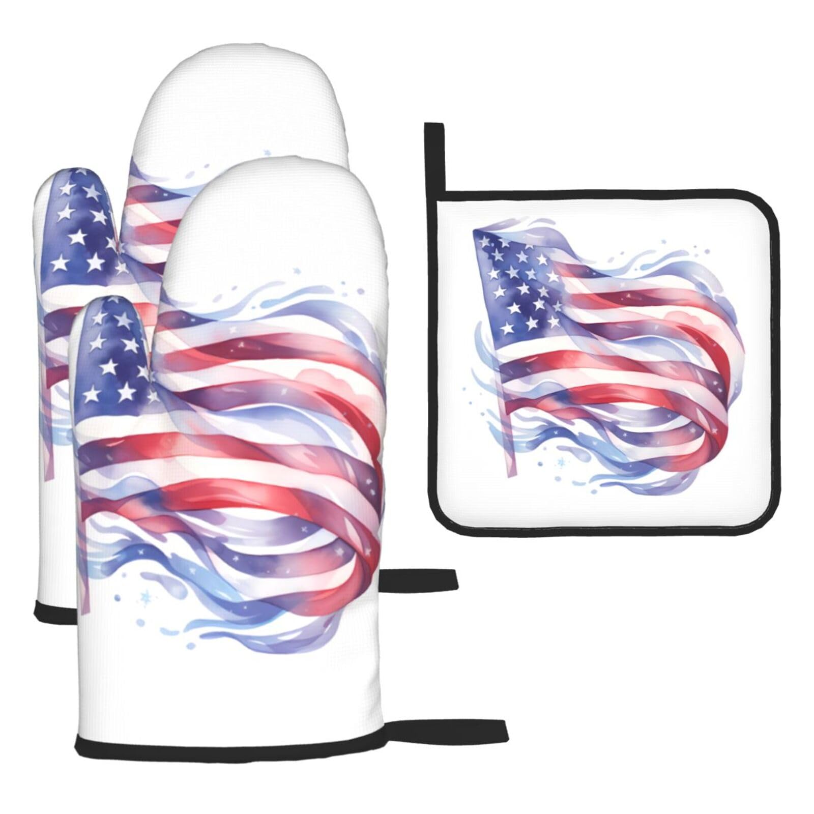 American flag Oven mittens and oven mitts three-piece set suitable for oven, grilling, baking, microwave and home cooking.