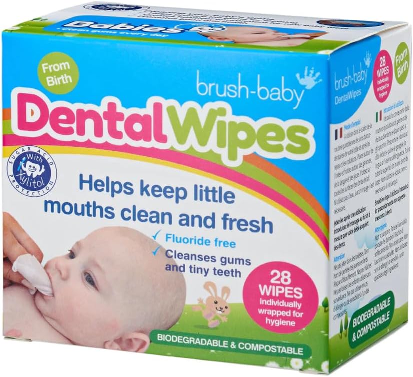 Brush-Baby Biodegradable Pack of 28 Dental Wipes for Infants, Gentle Oral Care for Babies, Enriched with Xylitol, Sterile and Individually Wrapped, Ideal For Babies' Early Teeth, White