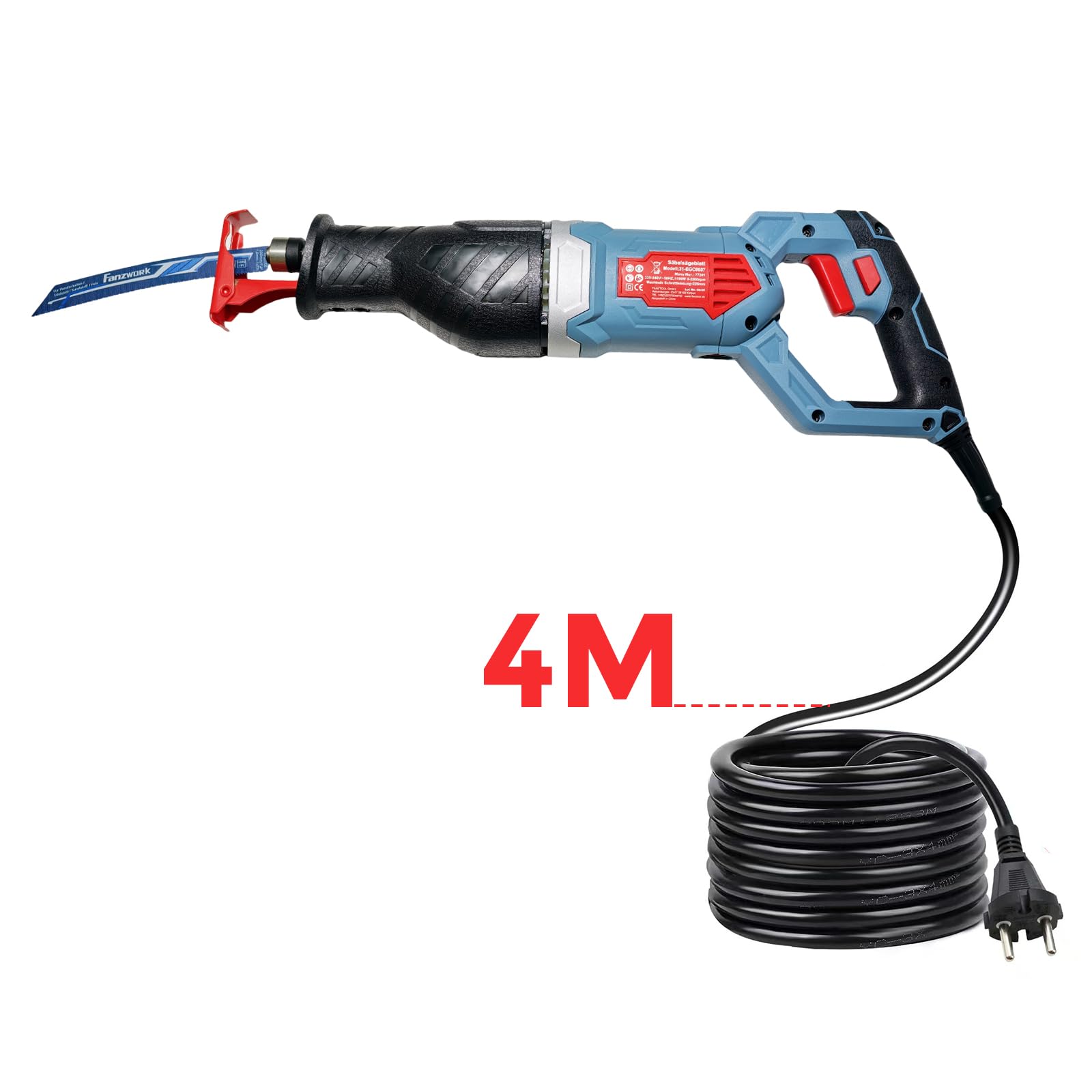 FANZWORK - Sierra de sable eléctrica de 1100 W, 0-2500 spm, LED, incluye hoja de sierra con cable de 4 m, para madera, metal y plástico, cambio de hoja sin herramientas