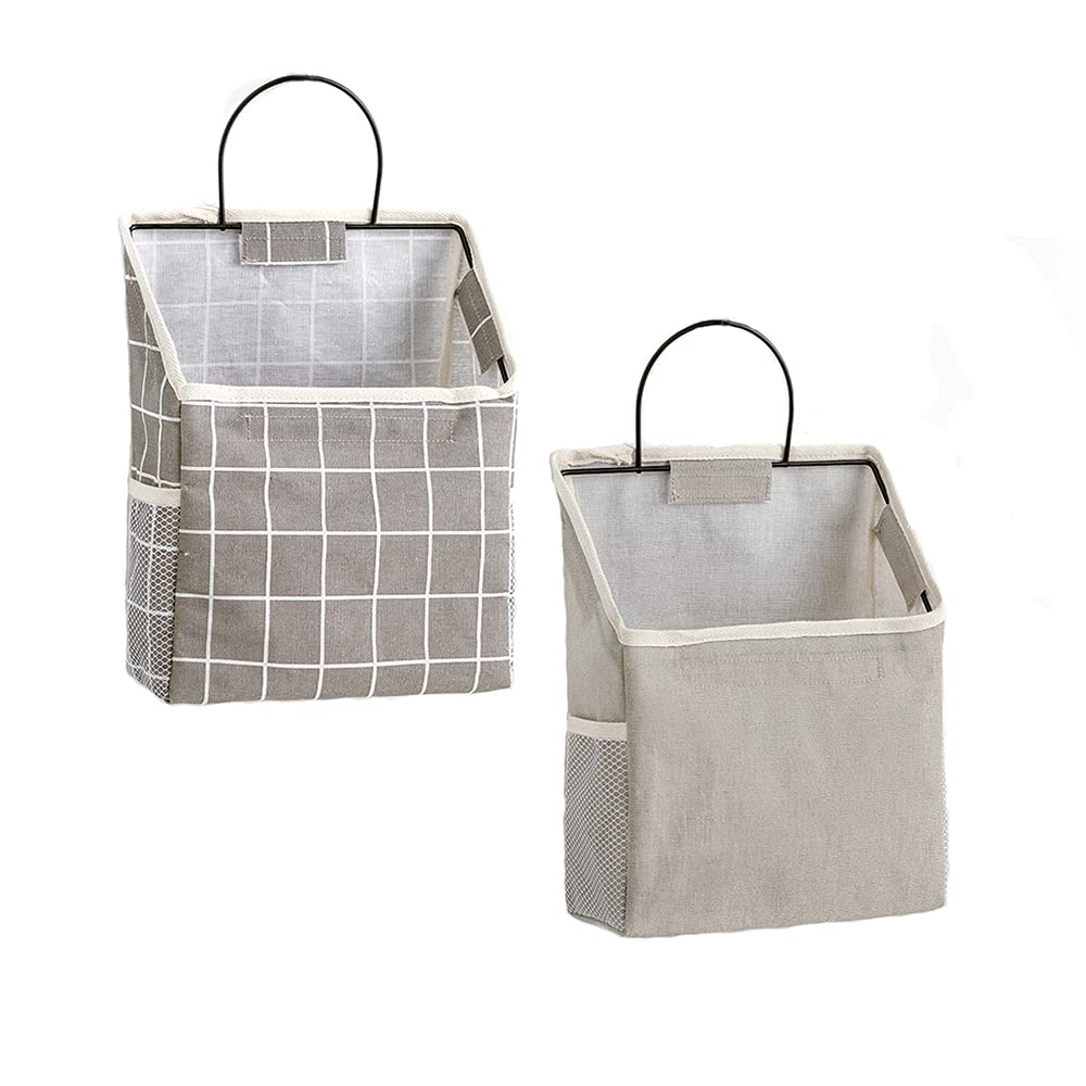 KuAoyoja 2 Pack Wall Hanging Organizer Bag, Over The Door Closet Hanging Storage for Pocket, Linen Cotton Organizer Box Containers for Bedroom Bathroom Dormitory (2pc-Grey)