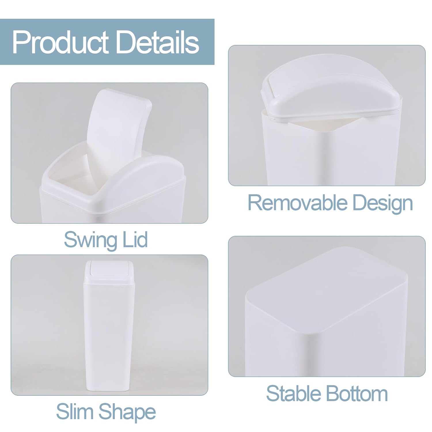 Wekioger 12 L / 3.5 Gallon Plastic Swing Lid Trash Can, Rectangular Slim Garbage Bin, White, 1 Pack