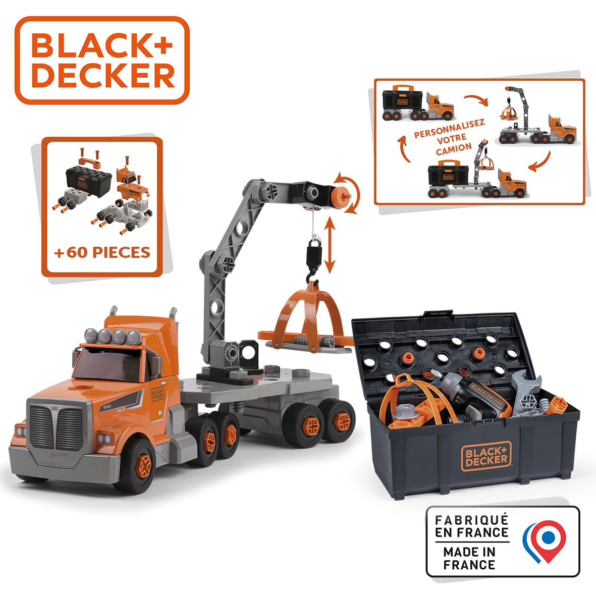 Smoby - Black+Decker - Camion Bricolo - Accessori Inclusi - Rimorchio - Maniglia per Il Trasporto - Gru da Costruzione - dai 3 Anni