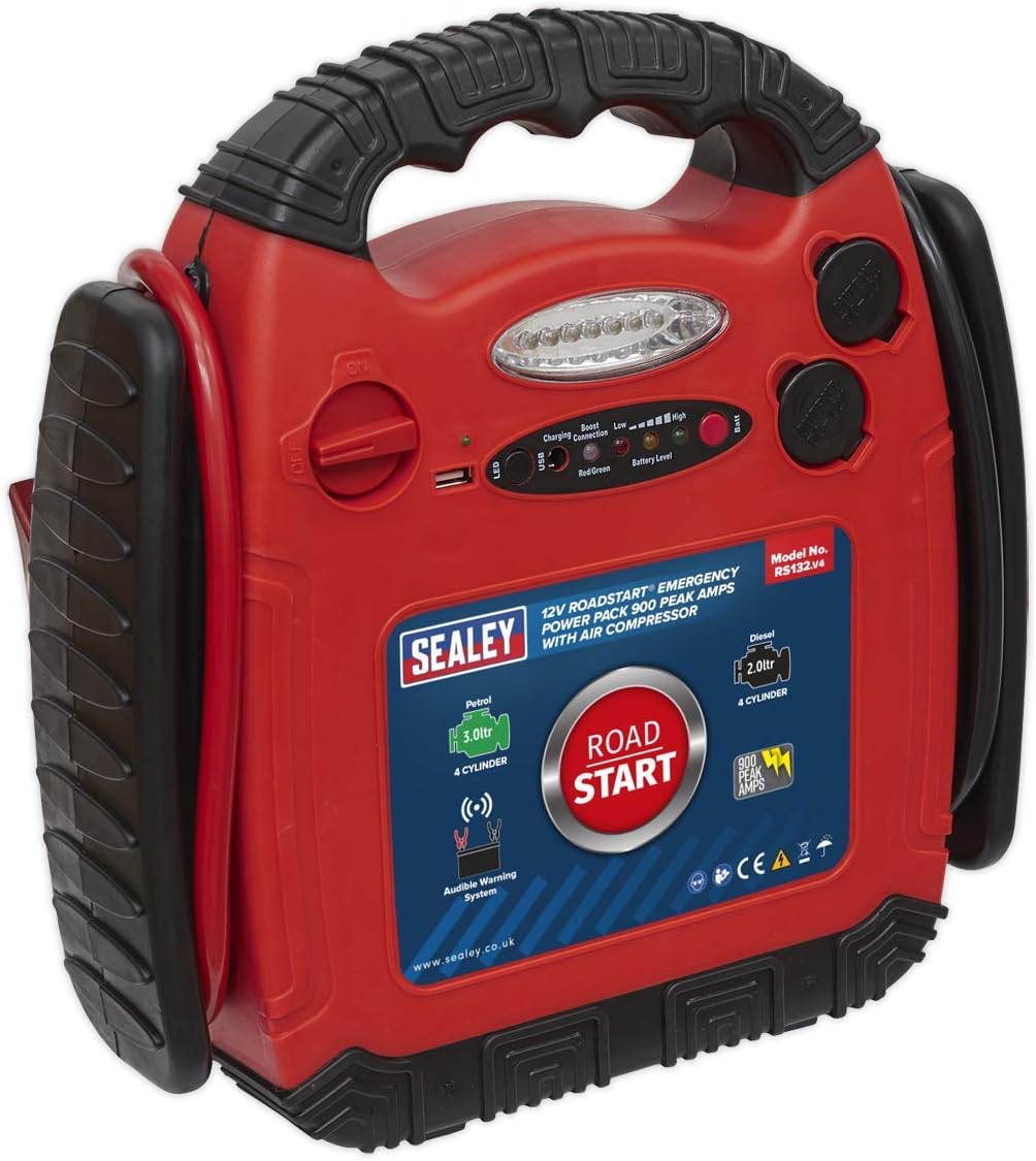 Sealey RS132 Roadstart Emergency Power Pack & Air Compressor, 12V, 900
