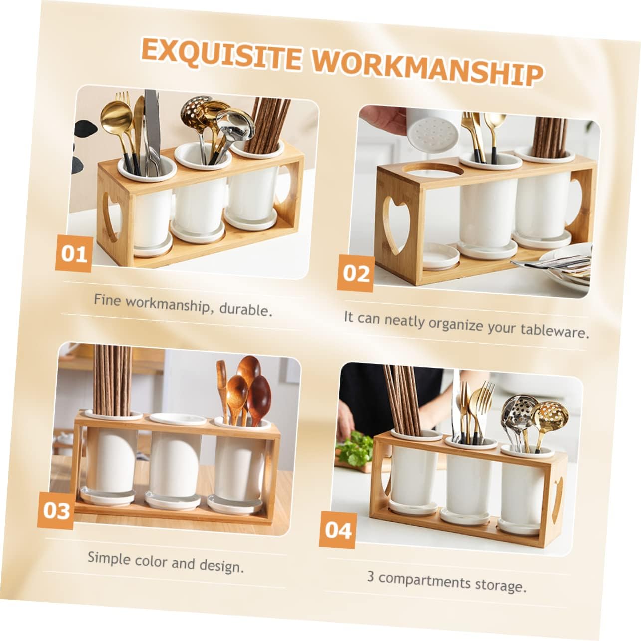 Mobestech 3-Compartment Ceramic Chopsticks Holder Bamboo Rack Kitchen Utensil Organizer for Cutlery and Silverware Multi-functional Draining Design for Home Use