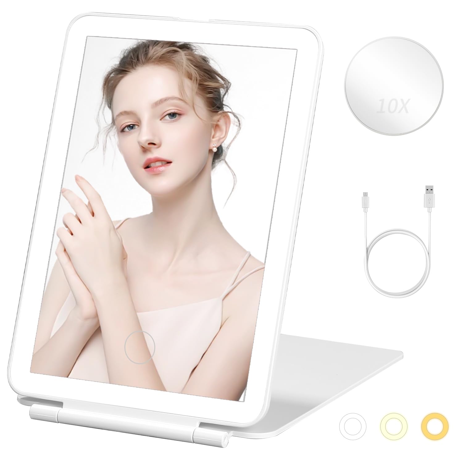Espejo con Luz,USB Recargable Espejo Maquillaje con Luz, Vanity Mirror,Espejo Aumento 10X,de Tocador Viaje Portátil Luz Ajustable,Iluminación 3 Colores,Pantalla Táctil, Espejo Cosmético de Mesa