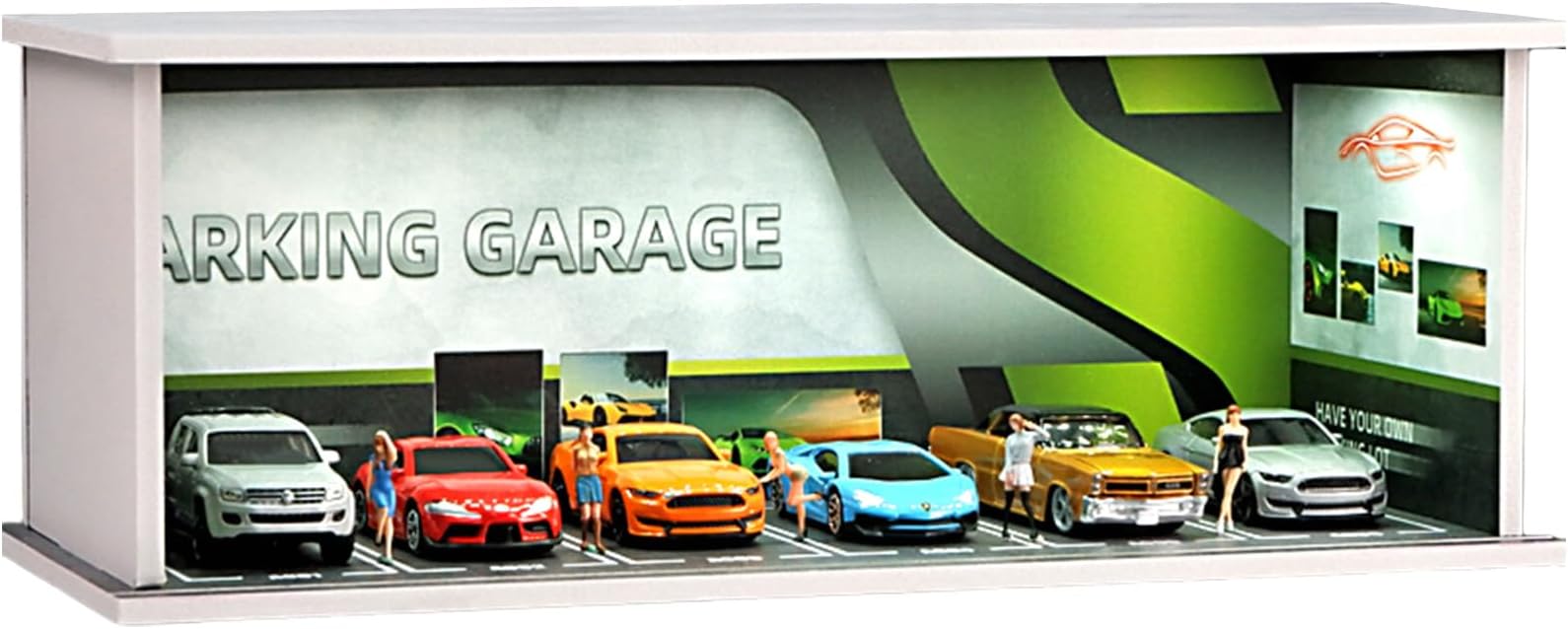 Display Case for Hot Wheel with LED Light Stackable Mega Garage Storage for 1:64 Matchbox & Diecast Cars 6-Slot Parking Diorama with Illuminated Showcase (Green-Background)