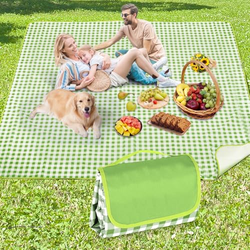 Anyiner Picnic Blanket Waterproof 200x200cm Large Travel Blanket Beach Blanket, Slip Resistant With Carrying Handle for Family Picnic Beach Camping, Blue Plaid (Green, 200 x 200 cm)