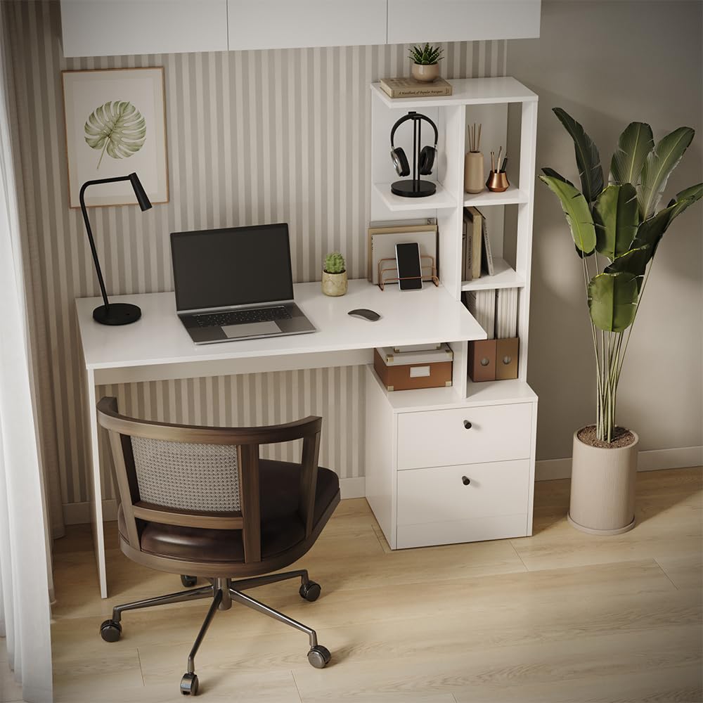 Vicco Escritorio Denton, Blanco, 136 x 55 cm | con compartimentos abiertos para organizar material de trabajo