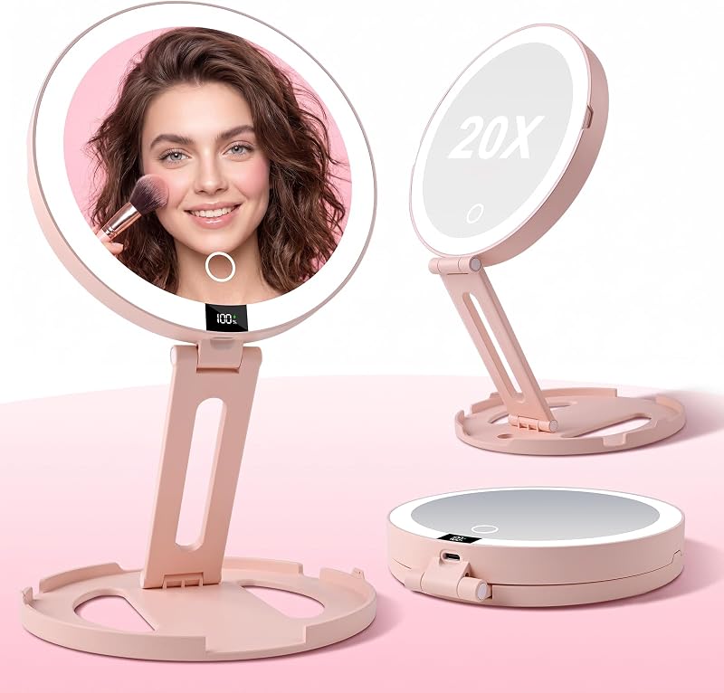 Espelho de Maquiagem Dobrável para Viagem ATUSGOY com Luzes, Ampliação 20X/1X, Rosa