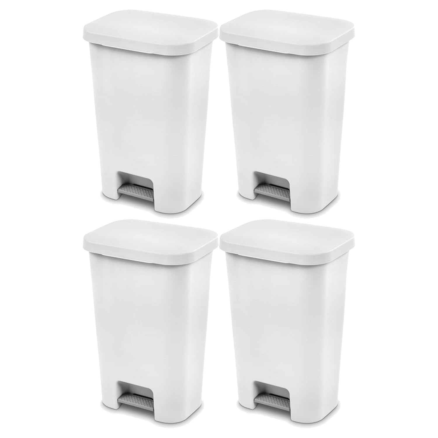 Sterilite 11.9 Gallon Rectangular Step On Kitchen Plastic Indoor Wastebasket with Wide Opening Lid and Comfort Handle for Home, White (4 Pack)