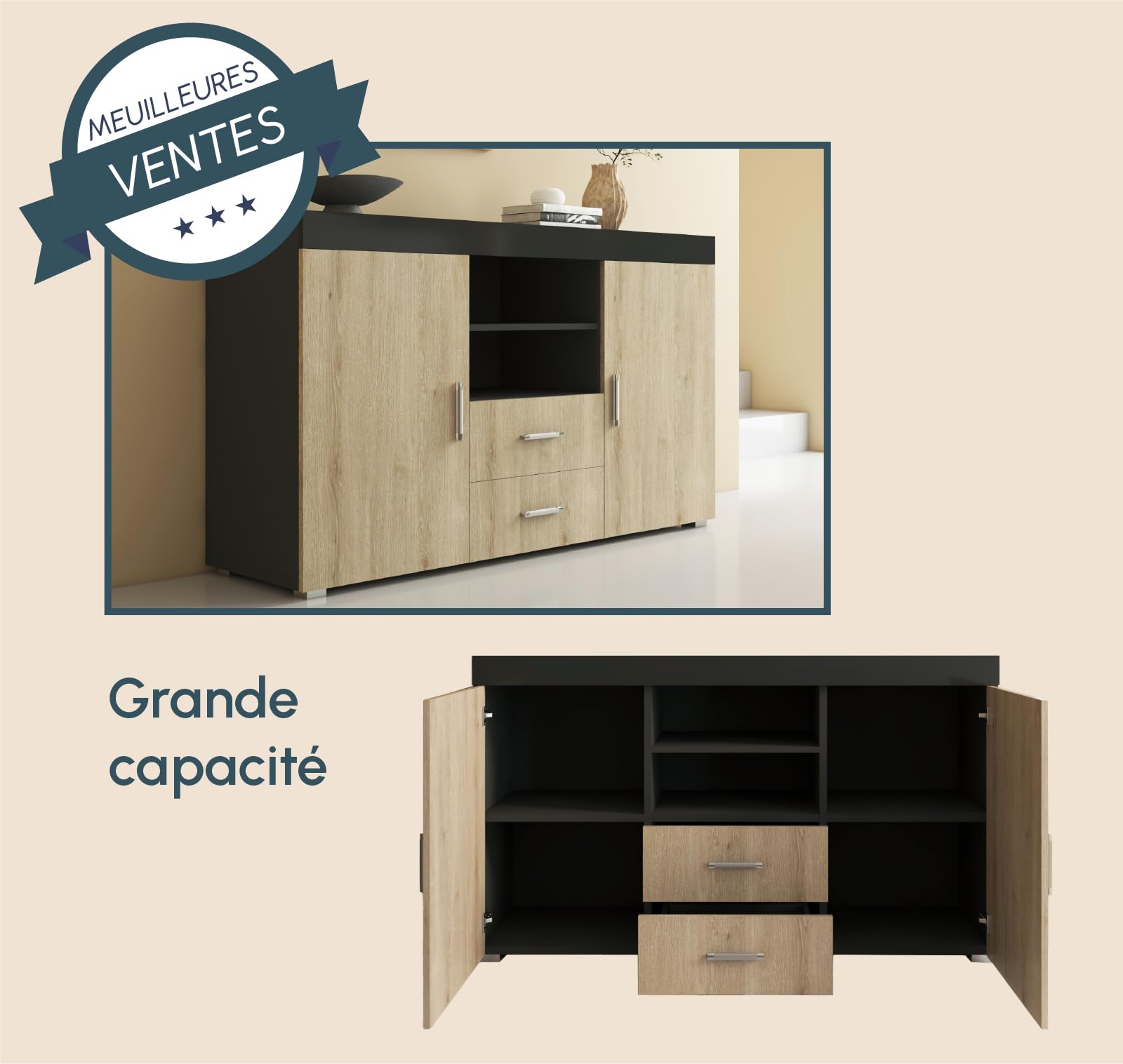 MB Muebles Bonitos | Buffet Roque pour Salon et Salle à Manger Moderne | Meuble TV en Mélamine | Couleur Noir Brillant et Sonoma Mat | 140x80x40 cm