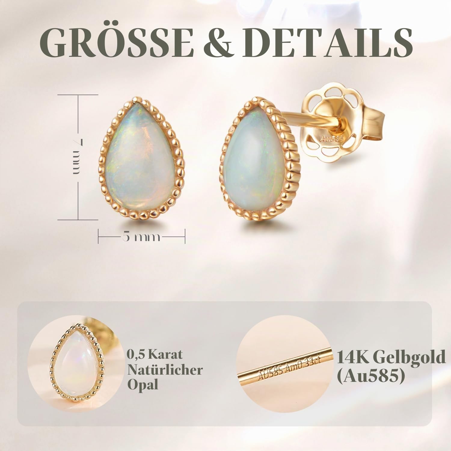 FANCIME Solide 14 Karat 585 Gelb Gold Tropfen Ohrringe Ohrstecker mit Echt Natürlich Edelstein Geschenk Schmuck für Damen Mädchen Mama, Größe: 5 * 7 mm