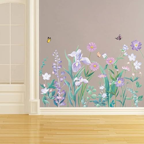 Miniatura 3 de Runtoo Pegatinas de pared con diseño de flores moradas, diseño de mariposas, jardín, para niñas, dormitorio, baño, cuarto de bebé, decoración de
