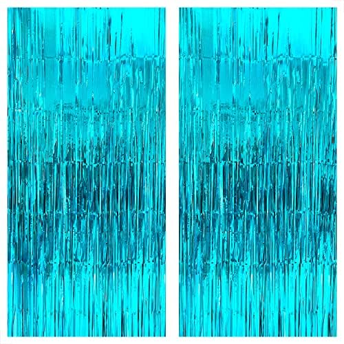 Image of KatchOn XtraLarge Blue Foil Fringe Curtain - 3.2x8 ft, Pack of 2 | Water Streamer Backdrop for Beach & Under The Sea Parties