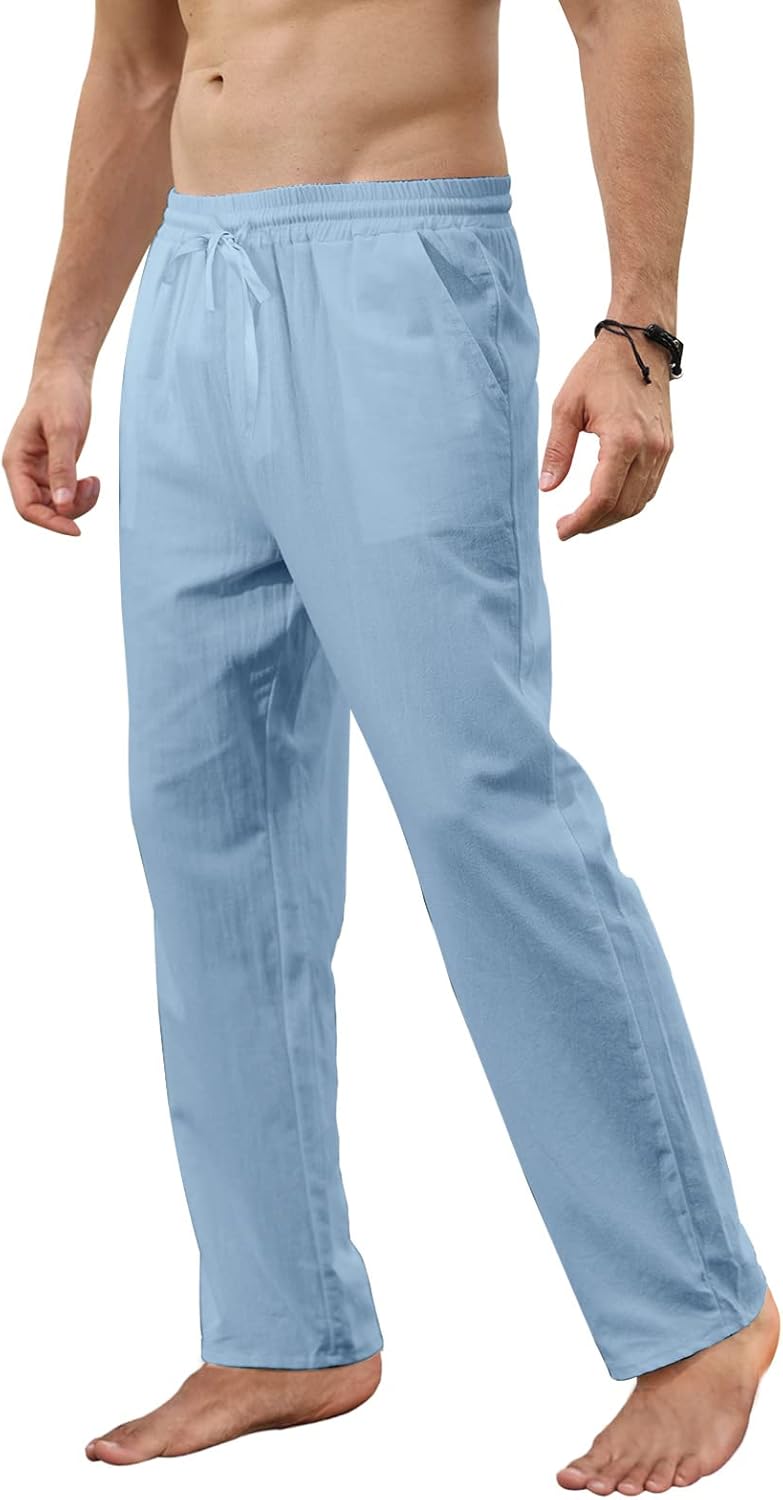 MorwenVeo Men's Linen Pants Casual Drawstring Yoga Beach Trousers Lightweight Loose Fit Elastic Waist Summer Pant - Image 2