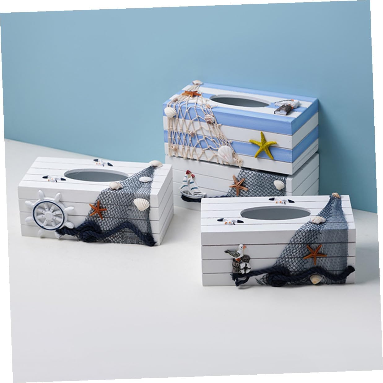 Generic Nautical Wooden Tissue Box Holder Rectangular Tissue Cover Mediterranean Style for Home Decor and Bathroom Storage