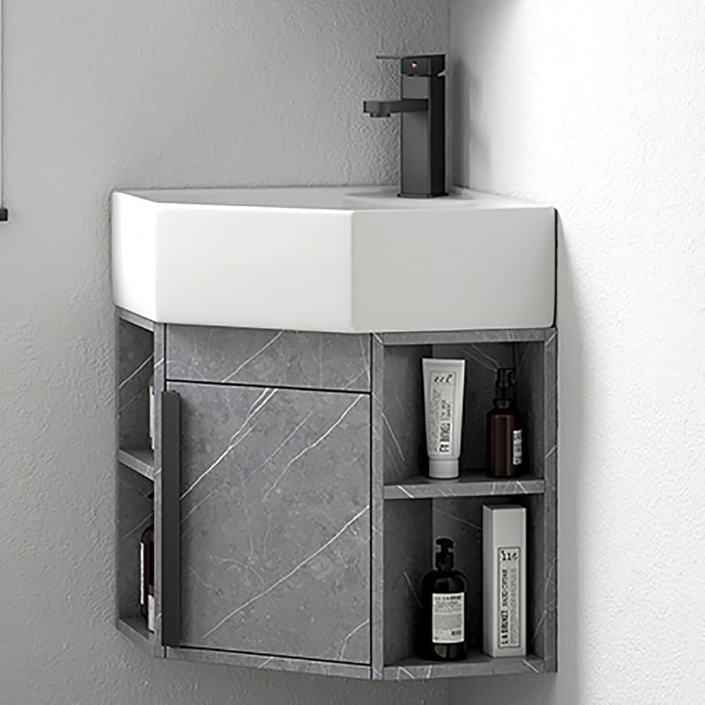DFGHNBVC Corner Wall Mount Bathroom Sink With Storage, Space-Saving Porcelain Ceramic Wash Basin For Compact Bathrooms,Grey-45Cm