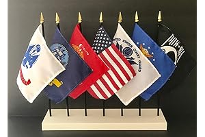 UNITED STATES MILITARY FLAG SET with Stand - 7 Rayon 4"x6" Flags and POW/MIA Flag