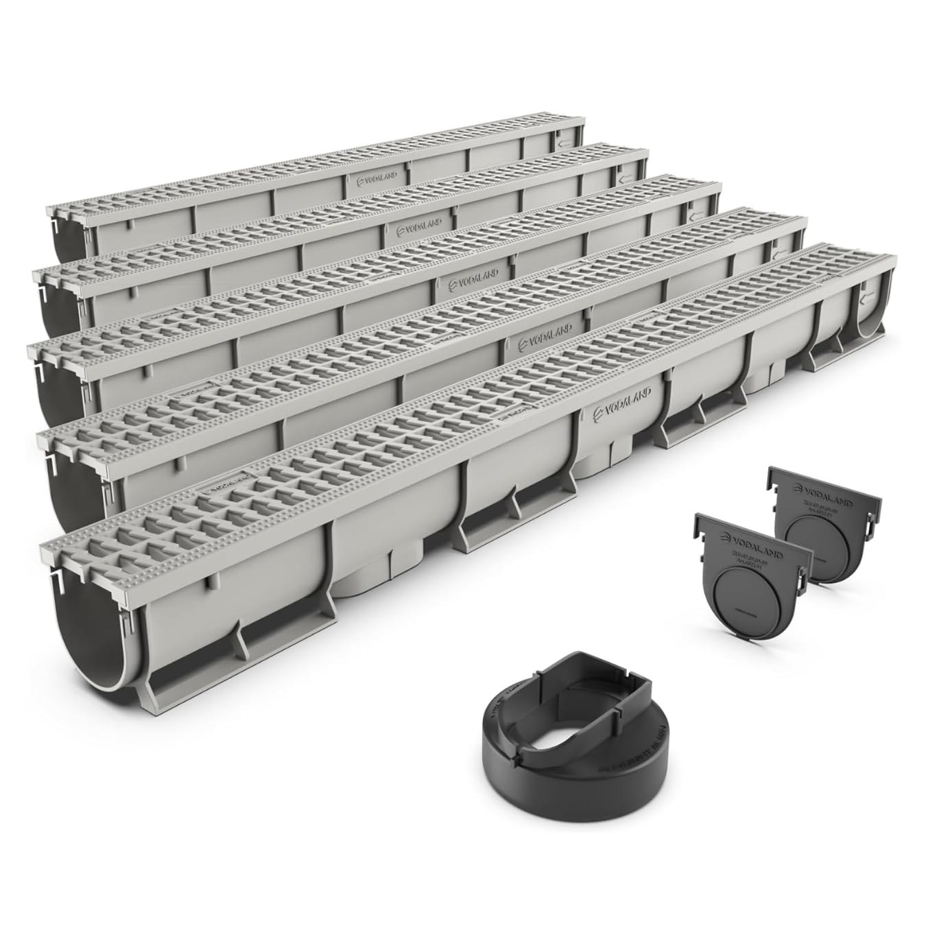 VODALAND - Canaleta de Drenaje Easy 1 con Rejilla de Plastico color GRIS - Kit de 5 Metros | Drenaje Eficiente y Estético para Jardines, Terrazas y Áreas Exteriores | Solución Perfecta para tu Espacio
