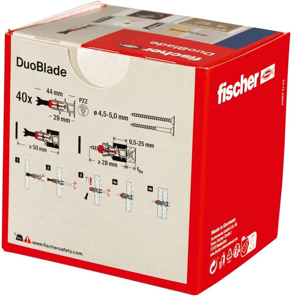 fischer DuoBlade LD, Innovative self-Drilling plasterboard Plug, Strong Plug for Fast and Easy Installation in Gypsum plasterboard and Fibre Board, with Metal tip, 40 Plugs