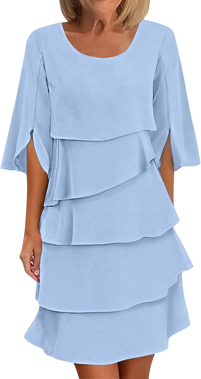 Women's 3/4 Sleeve Layered Dress Round Neck Business Casual Party Mini Dresses Wedding Guest Summer Elegant Outfits
