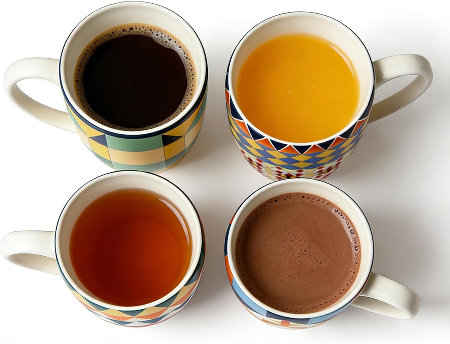 Bohemian Ceramic Coffee Mugs Set of 4, 15oz/450ml Geometric Pattern Tea Cups, Large Porcelain Mugs for Latte Cappuccino, Colorful Boho Drinkware Gift Set