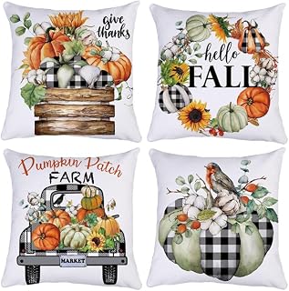 TIDWIACE Set of 4 Autumn Cushion Covers 40 x 40 cm Pumpkin Truck, Throw Pillow Covers Autumn Farmhouse Decorations Couch Thanksgiving Harvest Fall Pillow Cases for Sofa Bed Car Outdoor Decor