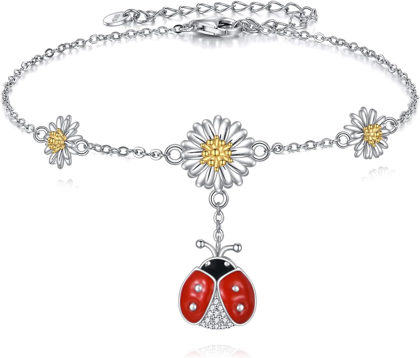 Ladybug Bracelet 925 Sterling Silver Ladybug Daisy Jewelry Bracelet Gifts for Women Mother Friend